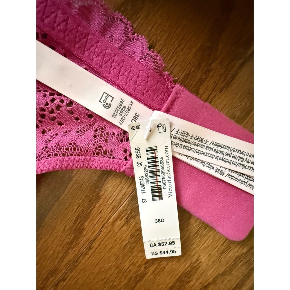 Victorias Secret Dream Angels Push Up No‎ Padding Bra Bright Pink Lace 38D NWT! - Picture 7 of 10